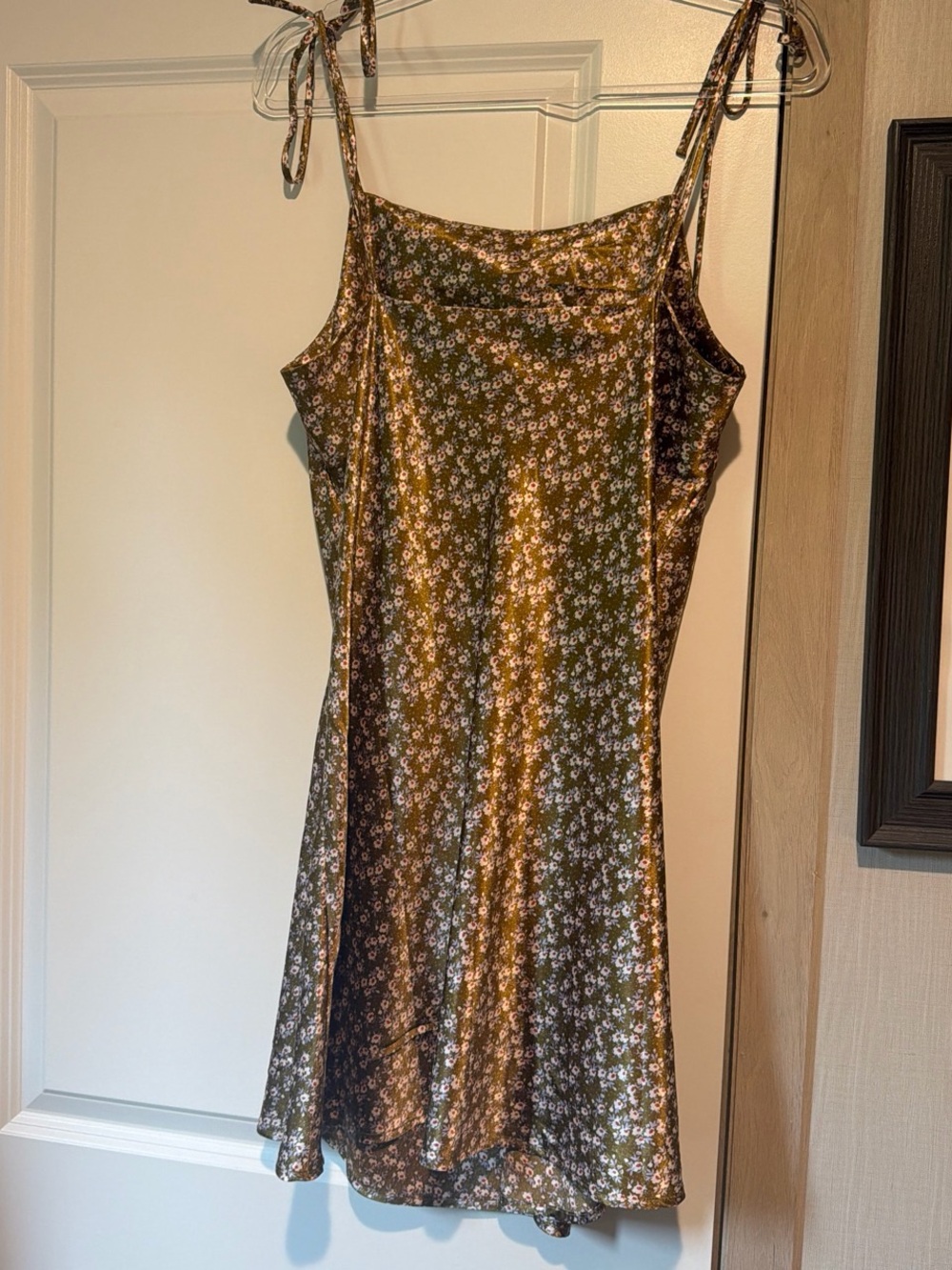 Olive Green Floral Slip Dress with Tie Straps